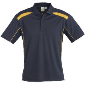 A navy blue short sleeve polo shirt with yellow accents and a logo on the chest.