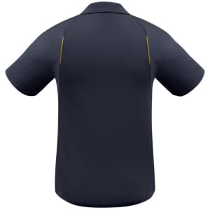 A navy short sleeve polo shirt with a logo, featuring a sleek design and contrasting yellow detailing.