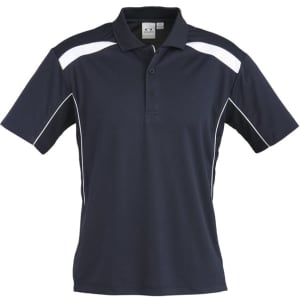 A navy blue short sleeve polo shirt with white accents and a logo on the chest.