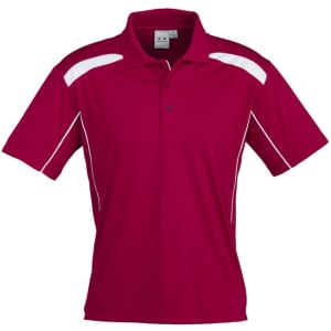A red short sleeve polo shirt with white accents and a logo on the chest.