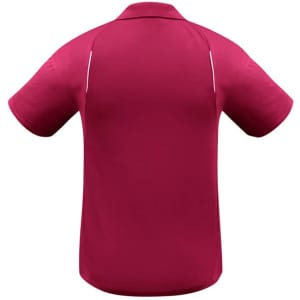 A maroon short sleeve polo shirt featuring a logo, shown from the back view.
