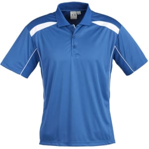 A blue short sleeve polo shirt with white detailing and a logo on the chest.