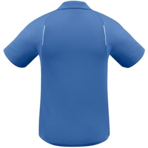 A men's short sleeve polo shirt in blue, featuring a simple design and branded logo on the back.