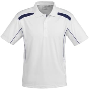 A white short sleeve polo shirt featuring navy accents and a logo. Suitable for casual or sporty wear.