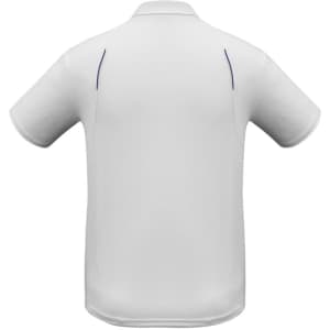 A white short sleeve polo shirt with a simple design and contrasting accent details. Features a logo on the front.
