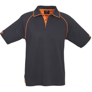 A black polo shirt with orange detailing and a logo on the chest.