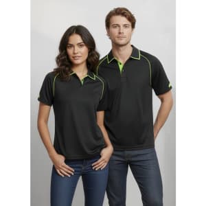 A black short sleeve polo shirt for women with green accents, featuring a logo on the left side.
