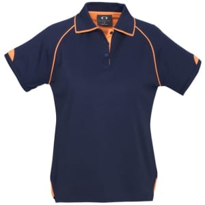 A navy polo shirt featuring orange accents and a logo on the front. Short sleeves and a classic collar design.