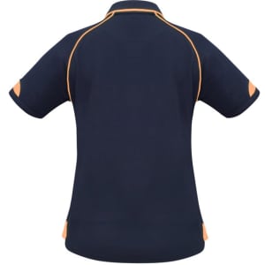 A navy women's fusion short sleeve polo shirt featuring orange detailing and a logo.