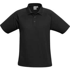 A black short sleeve polo shirt featuring a collar and a logo on the chest.