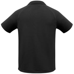 A black short sleeve polo shirt with a simple design and a logo on the back.