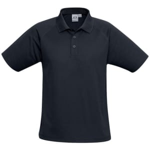 A black short sleeve polo shirt with a collar and a logo on the chest.