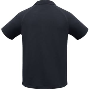 A black men's short sleeve polo shirt featuring a back view and a logo on the back.