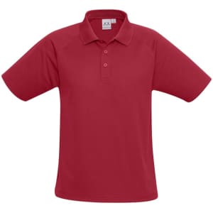 A red men's short sleeve polo shirt featuring a collar and logo.