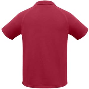 A red men's short sleeve polo shirt featuring a collar and a logo.