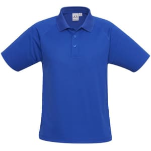 A blue men's short sleeve polo shirt featuring a collar and a logo on the chest.