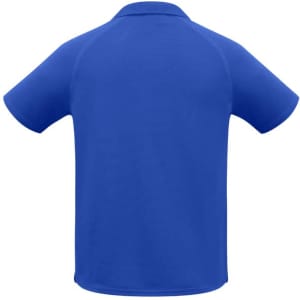 A blue men's short sleeve polo shirt featuring a simple design and a collar, with a logo on the back.