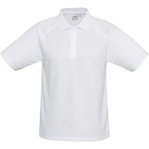A white short sleeve polo shirt with a collar and logo. Suitable for casual and active wear.