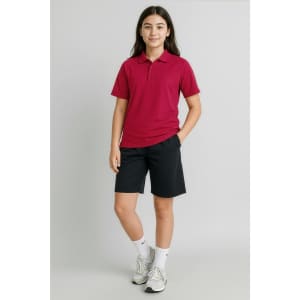 A maroon short sleeve polo shirt paired with black shorts, featuring a logo on the polo.