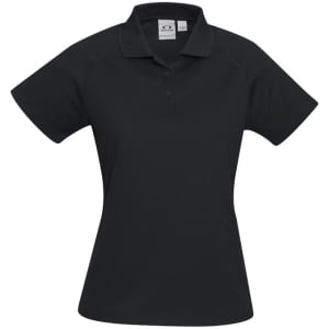 A black women's short sleeve polo shirt with a collar and a logo on the chest.