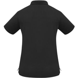 A black women's short sleeve polo shirt with a classic collar and side slits. Features a logo on the back.