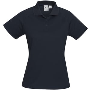 A women's short sleeve polo in navy blue, featuring a classic collar and a logo on the upper left.