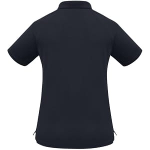 A black women's short sleeve polo shirt featuring a classic collar and a logo.