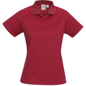 A women's short sleeve polo in a rich red colour, featuring a collar and a logo.