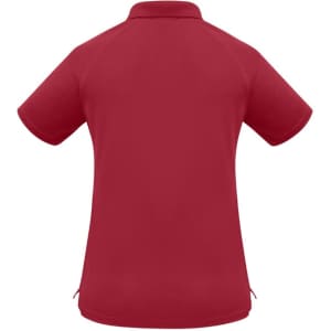 A red women's short sleeve polo shirt with a collar and side slits. It features a logo on the back.