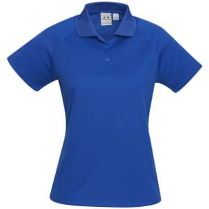 A women's short sleeve polo shirt in a bright blue colour featuring a collar and a logo.