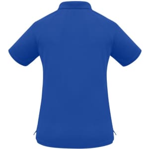 A blue women's sprint short sleeve polo shirt with a back view and a logo.