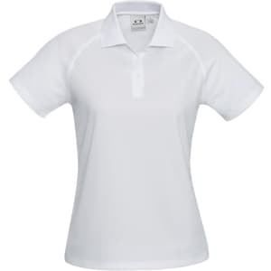 A white women's short sleeve polo shirt with a collar and logo detail.