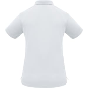 A women's short sleeve polo shirt in a light blue shade, featuring a collar and a logo.