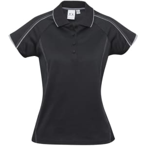 A black women's short sleeve polo shirt with contrast stitching and a logo on the label.