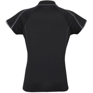A black women's polo shirt featuring short sleeves and a fitted design, with a contrasting stitch line and a logo.