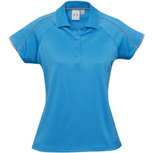 A women's short sleeve polo shirt in a vibrant blue colour with a logo on the chest.