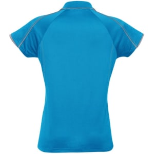 A women's short sleeve polo shirt in vibrant blue with a fitted design and contrasting stitching.