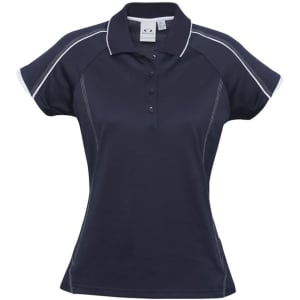 A women's short sleeve polo shirt in navy blue with white detailing and a logo.