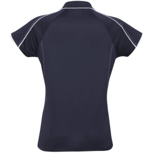 A dark navy polo shirt with short sleeves and contrasting trim, featuring a logo on the back.