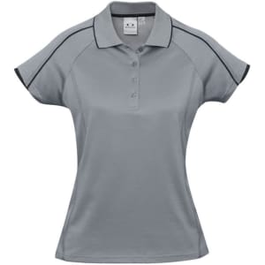 A women's short sleeve polo shirt in grey with black detailing and a logo.