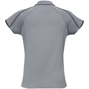 A grey women's blade short sleeve polo shirt with contrasting trim and a small logo on the back.