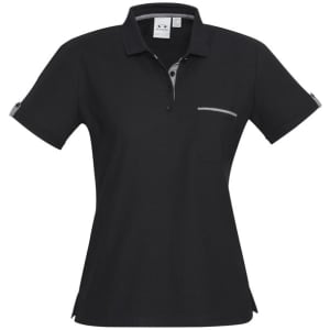 A women's short sleeve polo shirt in black, featuring a pocket and contrasting trim. It has a logo on the chest.