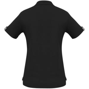A black women's polo shirt with short sleeves and a subtle logo on the sleeve.