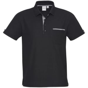 A black short sleeve polo shirt featuring a front pocket and branding on the chest.