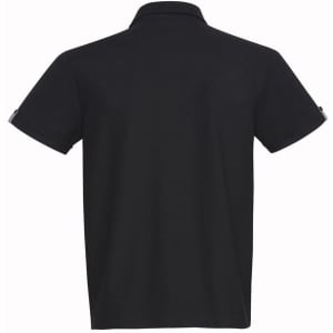 A black short sleeve polo shirt with a collar and a logo on the sleeve.
