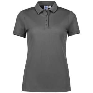 A women's short sleeve polo shirt in grey, featuring a classic collar and button placket, with a logo on the chest.