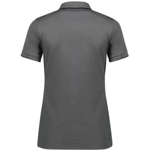 A grey women's short sleeve polo shirt with a classic collar and logo detail on the back.