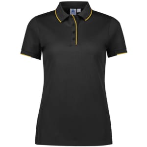 A black short sleeve polo shirt featuring yellow trim and a logo on the chest.