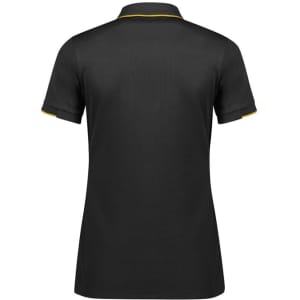 A women's short sleeve polo shirt in black with yellow trim and a logo on the back.