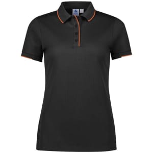 A women's black polo shirt with short sleeves and orange accents, featuring a collar and buttons.